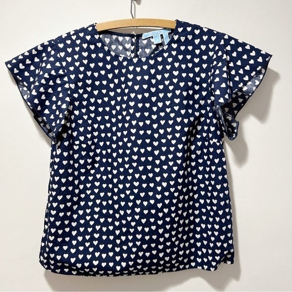 Draper James Blue White Hearts Cloister Blouse Size 8 Flutter Sleeves - Picture 4 of 16